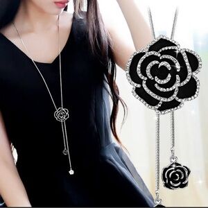 Camellia Blossom Adjustable Tassels Sweater Necklace With Zircon Accents